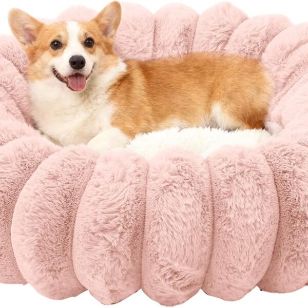 Cloudsoft Flower Cat Bed and Dog Bed, Washable Faux Fur Pet Bed with Non-Slip Water-Resistant Bottom, for Cats & Small Dogs up to 33 lbs, 29.9"x29.9", Pink