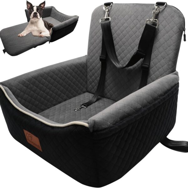 Dog Car Seat Bed 2 in 1 for Small/Medium Dogs up to 35 lbs,Adjustable Safety Leashes,Memory Foam with Soft Fabric Pets Travel Car Bed,Easily Installed in Front and Back seat,Removable and Washable.