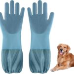 Dog Washing Gloves | Pet Grooming Gloves | Extra Long Arms (17.3") for Cats & Dogs | Massage & Hair Removal Pet Glove (Hazy Blue)