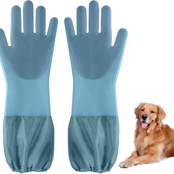 Dog Washing Gloves | Pet Grooming Gloves | Extra Long Arms (17.3") for Cats & Dogs | Massage & Hair Removal Pet Glove (Hazy Blue)