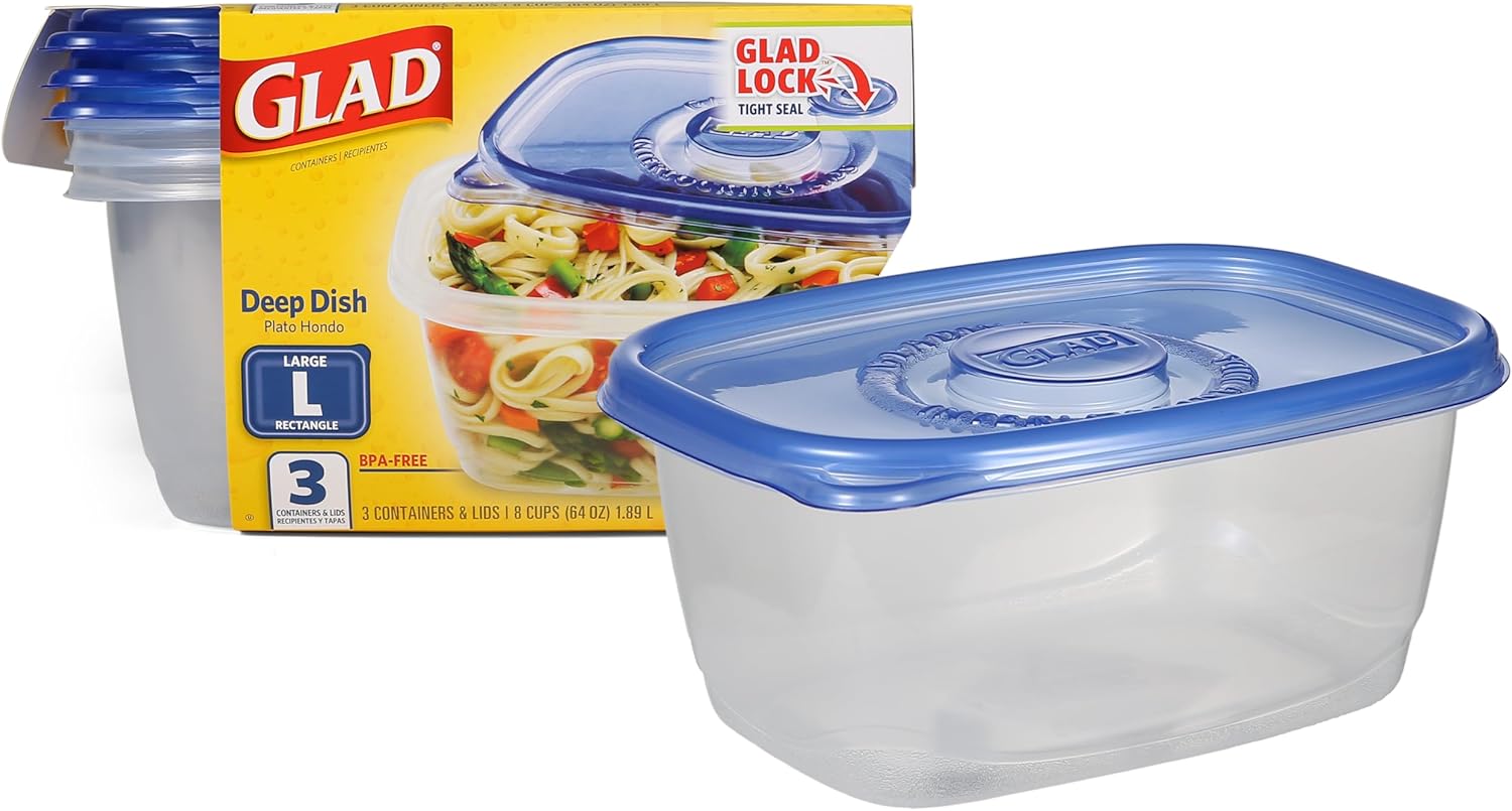 Glad Food Storage Containers, Deep Dish, 64 Ounce, 3 Count Glad Food Storage Containers, Deep Dish, 64 Ounce, 3 Count
