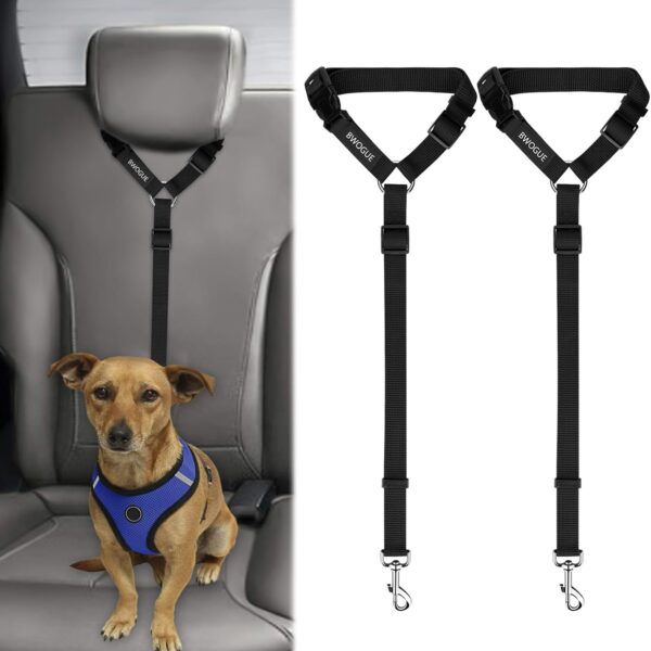 BWOGUE 2 Packs Dog Cat Safety Seat Belt Strap Car Headrest Restraint Adjustable Nylon Fabric Dog Restraints Vehicle Seatbelts Harness