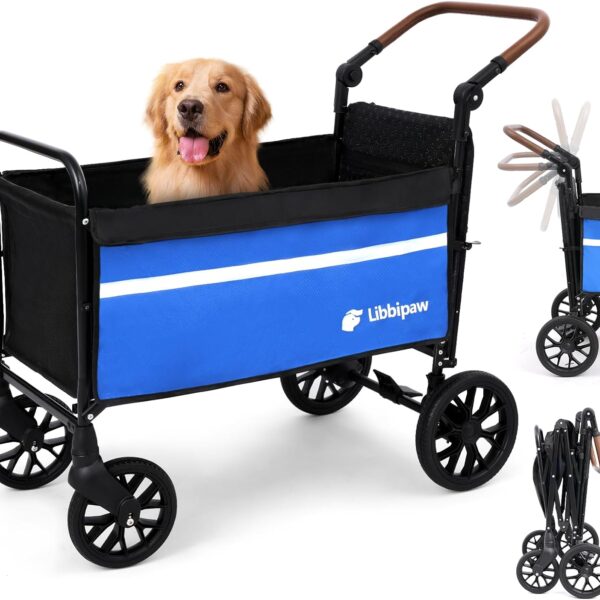All-Terrain Dog Wagon for Large Dogs - 2-in-1 Push/Pull Stroller with Anti-Slip Ramp & Rotatable Handle, Foldable Heavy-Duty Cart for Senior/Disabled Pets, Camping, Vet Visits (Blue)
