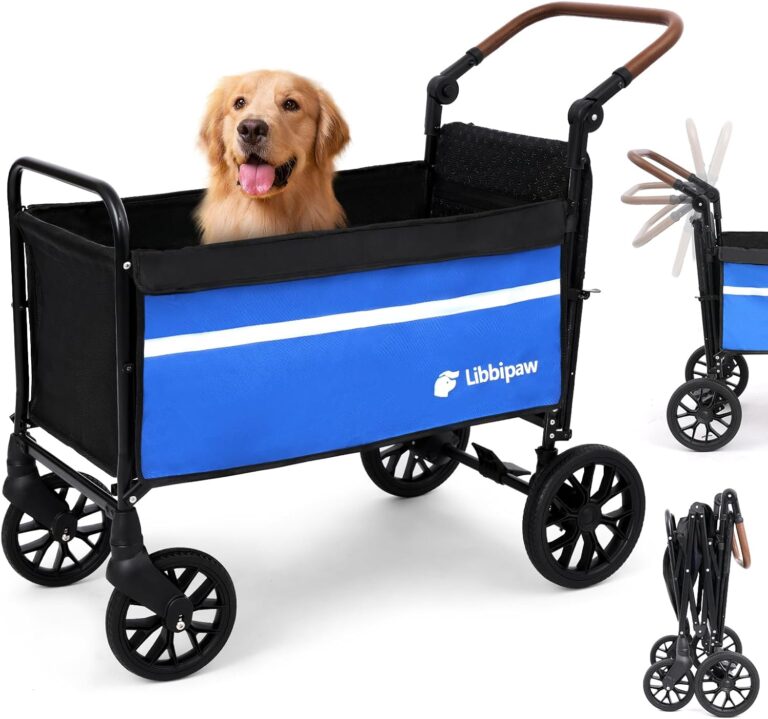 All-Terrain Dog Wagon for Large Dogs - 2-in-1 Push/Pull Stroller with Anti-Slip Ramp & Rotatable Handle, Foldable Heavy-Duty Cart for Senior/Disabled Pets, Camping, Vet Visits (Blue)