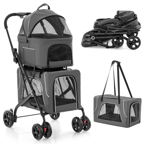PETSITE Double Dog Stroller, Foldable 3-in-1 4 Wheels Cat Stroller with 2 Detachable Carriers, Safety Belt, Washable Cover, Removable Pads for Small Medium Dogs Cats (Grey)