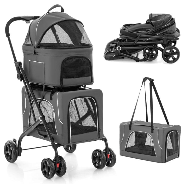PETSITE Double Dog Stroller, Foldable 3-in-1 4 Wheels Cat Stroller with 2 Detachable Carriers, Safety Belt, Washable Cover, Removable Pads for Small Medium Dogs Cats (Grey)