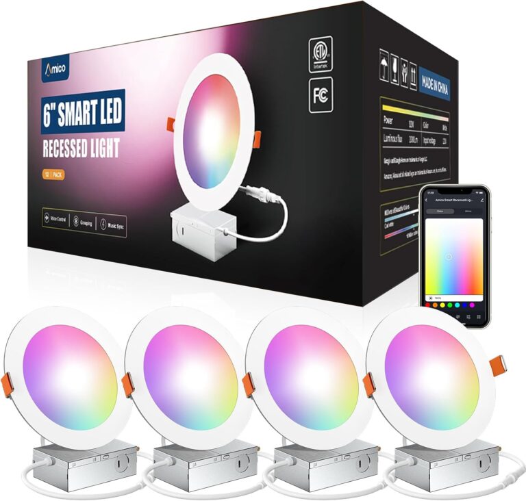Amico 4 Pack 6 Inch Smart LED Recessed Lighting, WiFi Canless Downlight with Junction Box, RGB & 2700-6500K Color Changing, 12W=110W 1000LM, Voice&Remote&Group Control