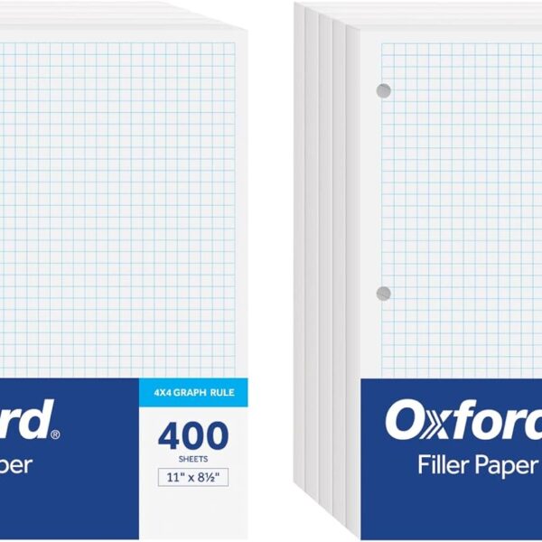 Oxford Loose Leaf Paper, Filler Paper Notebook Paper, 8-1/2" x 11", Graph Rule (4x4), 3-Hole Punched, 800 Sheets for 3 Ring Binders, 2 Packs of 400, White (62333)