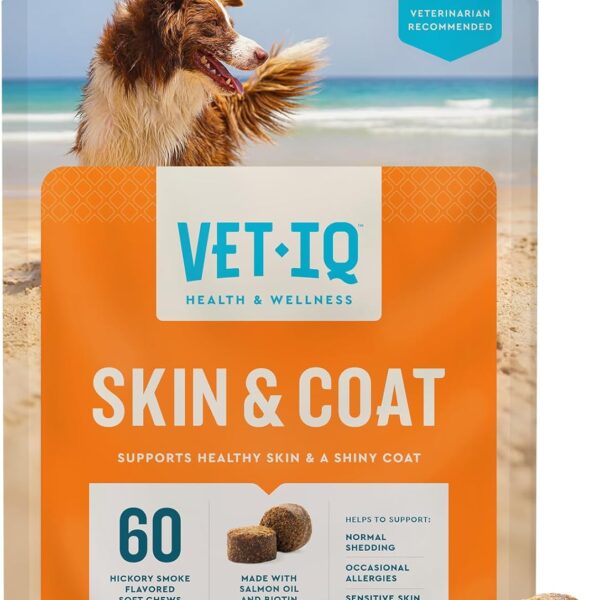 VetIQ Skin and Coat Supplement for Dogs, Helps Maintain Healthy Skin and Shiny Coat, Hickory Smoke Flavor Dog Chew, Made in The USA, 60 Count
