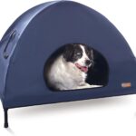 K&H Pet Products Pet Cot House for Large Dogs, Outdoor Elevated Dog Cot House, Enclosed Canopy, Window Flaps for Air Flow, Washable Cover, Raised Metal Frame, Collapsible - Large 42 X 30in Blue