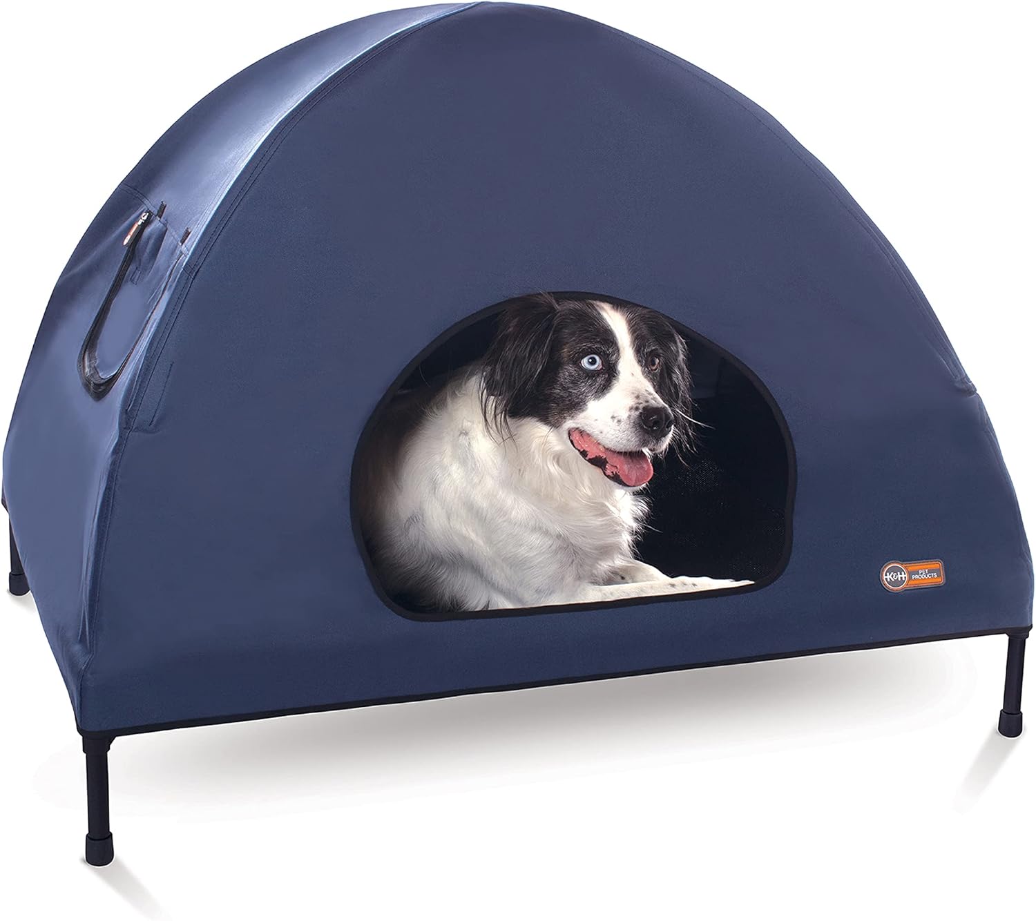 K&H Pet Products Pet Cot House for Large Dogs, Outdoor Elevated Dog Cot House, Enclosed Canopy, Window Flaps for Air Flow, Washable Cover, Raised Metal Frame, Collapsible - Large 42 X 30in Blue K&H Pet Products Pet Cot House for Large Dogs, Outdoor Elevated Dog Cot House, Enclosed Canopy, Window Flaps for Air Flow, Washable Cover, Raised Metal Frame, Collapsible - Large 42 X 30in Blue
