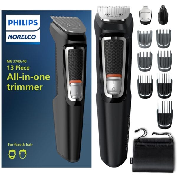 Norelco Philips Multigroom 3000 Series, All-in-One Trimmer, 13 Piece Men's, Grooming Kit for Beard, face, Nose, and Ear Hair Trimmer and Hair Clipper - NO Blade Oil Needed, MG3740/40