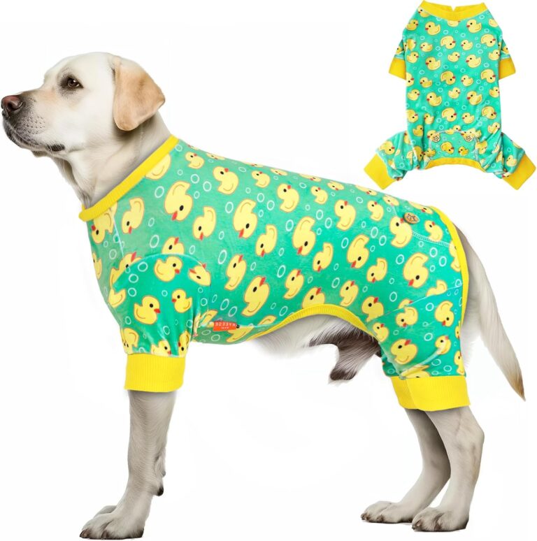 KYEESE Dog Pajamas Velvet Dog Pajamas Medium Sized Dogs Soft Dogs Clothes Pjs with Yellow Ducks Pattern Stretchy Pet Jammies Coat Comfy Pet Onesie Costume, 2X-Large
