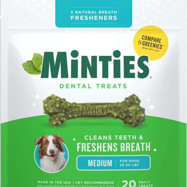 Minties Dental Chews for Dogs, 20 Count, Vet-Recommended Mint-Flavored Treats for Medium Dogs 25-50 lbs, Dental Bones Clean Teeth, Fight Bad Breath, and Removes Plaque and Tartar