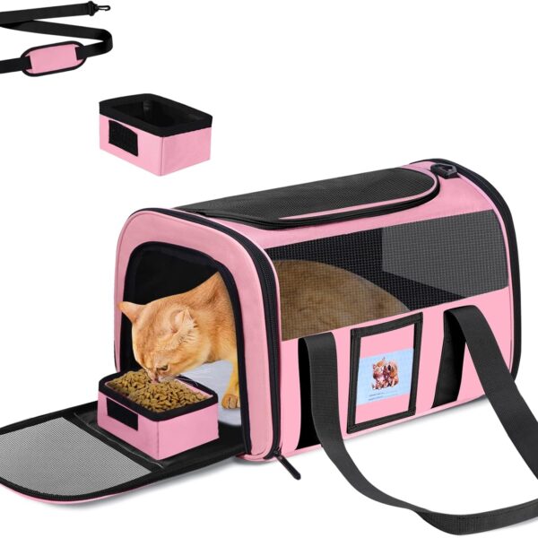 Cat Carrier Soft for Pets Up to 15 Lbs, Cat Travel Bag with Padded Shoulder Strap and Detachable Cat Food Bowl, Pet Dog Carriers for Small Dogs Travel Puppy Carry Airline Approved, Pink