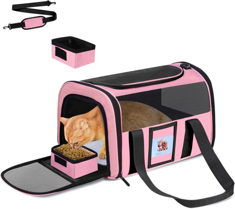 Cat Carrier Soft for Pets Up to 15 Lbs, Cat Travel Bag with Padded Shoulder Strap and Detachable Cat Food Bowl, Pet Dog Carriers for Small Dogs Travel Puppy Carry Airline Approved, Pink