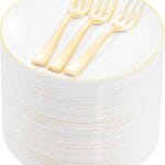 Festiva 200Pcs Gold Dessert Plates 6.3" with Forks 5"- Small Disposable Dessert/Cake/Appetizer Plates Plates- serve 100 guests include 100Plates 100Forks for Wedding Party&Christmas&New Year