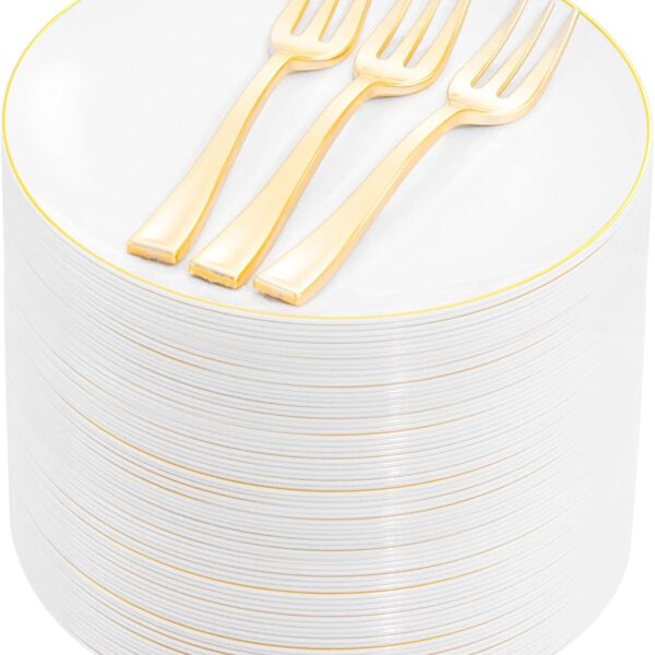 Festiva 200Pcs Gold Dessert Plates 6.3" with Forks 5"- Small Disposable Dessert/Cake/Appetizer Plates Plates- serve 100 guests include 100Plates 100Forks for Wedding Party&Christmas&New Year