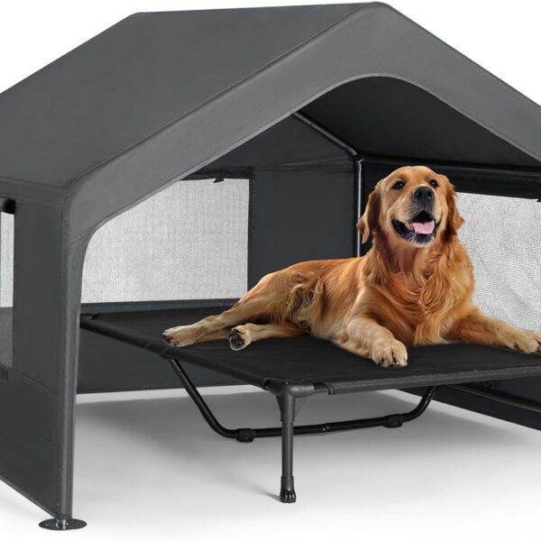 Veehoo Extra Large Dog House Outdoor with Elevated Dog Bed, Outside Dog Tent 4.1'x4.1'x3.3', Weatherproof Dog Shade Shelter and Raised Bed Combo for Pets or Stray Animals, Grey, CWC2530CP