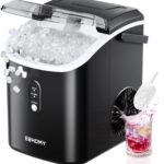 EUHOMY Nugget Ice Maker Countertop with Handle, Ready in 6 Mins, 34lbs Per Day, Removable Top Cover, Auto-Cleaning, Portable Sonic Ice Maker with Basket and Scoop, for Home/Party/RV/Camping (Black)