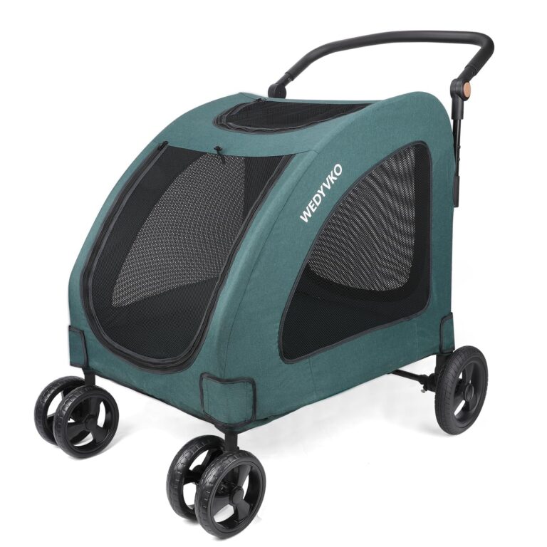 Dog Stroller with 4 Wheels, Folding Cat Strolling for 2 Small/Medium/Large Dogs & Cats to 120 lbs, All-Terrain Breathable Mesh Lightweight Travel Carrier for Jogger Outdoor Use (Dark Green)