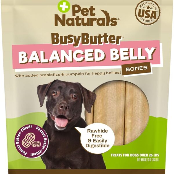 Pet Naturals BusyButter Balanced Belly Peanut Butter Bones, Rawhide-Free Chews for Medium/Large Dogs, Long Lasting Chew Bones, Probiotics & Pumpkin for Gut Health, 4 Count