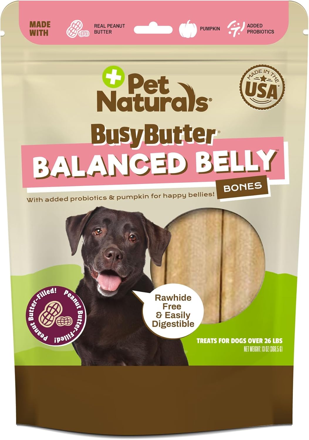 Pet Naturals BusyButter Balanced Belly Peanut Butter Bones, Rawhide-Free Chews for Medium/Large Dogs, Long Lasting Chew Bones, Probiotics & Pumpkin for Gut Health, 4 Count Pet Naturals BusyButter Balanced Belly Peanut Butter Bones, Rawhide-Free Chews for Medium/Large Dogs, Long Lasting Chew Bones, Probiotics & Pumpkin for Gut Health, 4 Count