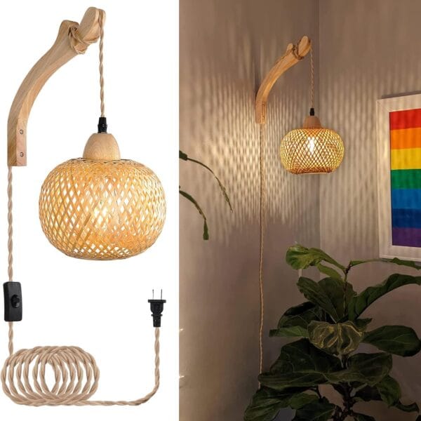 Frideko Bamboo Lantern Plug in Wall Sconces Wicker Wall Lamp with Plug in Cord Hand Woven Rattan Wall Light Farmhouse Rustic Wall Sconces Boho Sconces Wall Lighting for Living Room Bedroom