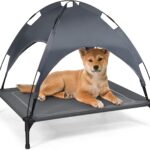Giantex Elevated Dog Bed with Removable Canopy, Portable Raised Pet Cot Cooling Dog Bed for Camping Beach Lawn, Keep Dogs Cats Cool in Summer, Breathable Fabric Steel Frame, Easy Assembly