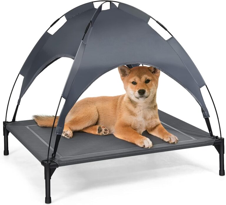 Giantex Elevated Dog Bed with Removable Canopy, Portable Raised Pet Cot Cooling Dog Bed for Camping Beach Lawn, Keep Dogs Cats Cool in Summer, Breathable Fabric Steel Frame, Easy Assembly