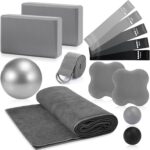 14 Pcs Yoga Kits for Home Workouts Pilates Equipment Set for Women Beginners Include Hot Yoga Towel Blocks Strap, Knee Pad, Resistance Loop Exercise Band, Massage Lacrosse Ball, Pilates Ball