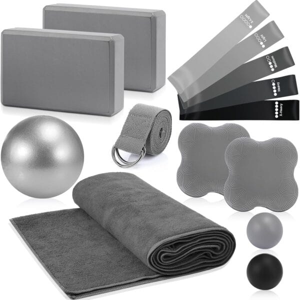 14 Pcs Yoga Kits for Home Workouts Pilates Equipment Set for Women Beginners Include Hot Yoga Towel Blocks Strap, Knee Pad, Resistance Loop Exercise Band, Massage Lacrosse Ball, Pilates Ball