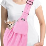 Lukovee Pet Sling, Hand Free Dog Sling Carrier Adjustable Padded Strap Tote Bag, Shoulder Bag with Safety Belt & Front Pocket for Small Dog Cat Puppy (Pink-WY,S)