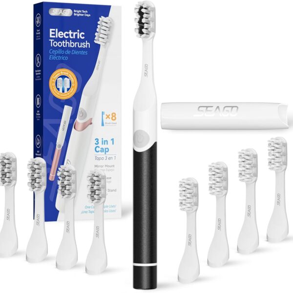 SEAGO Electric Toothbrush for Adults - 3 in 1 Holder with 8 pcs Replaceable Brush Battery Operated Travel Toothbrush kit Portable and 2 Minute Timer(Black, Middle)