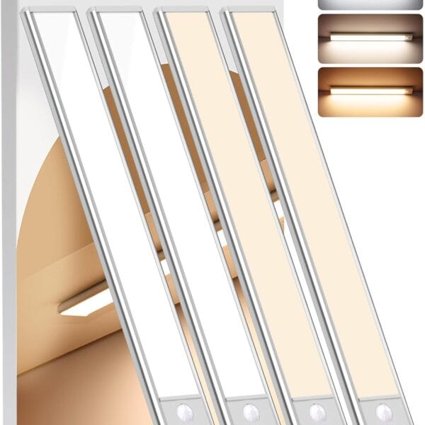 Under Cabinet Lighting Wireless, 4Pack Motion Sensor Light Indoor with 3 Color Temps, Dimmable Closet Lights Battery Operated, LED Magnetic Light, Rechargeable Under Counter Lights for Kitchen Home
