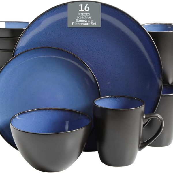 Gibson Elite Soho Lounge Round Reactive Glaze Stoneware Dinnerware Set, Service for 4 (16pc), Blue, Soho Round.