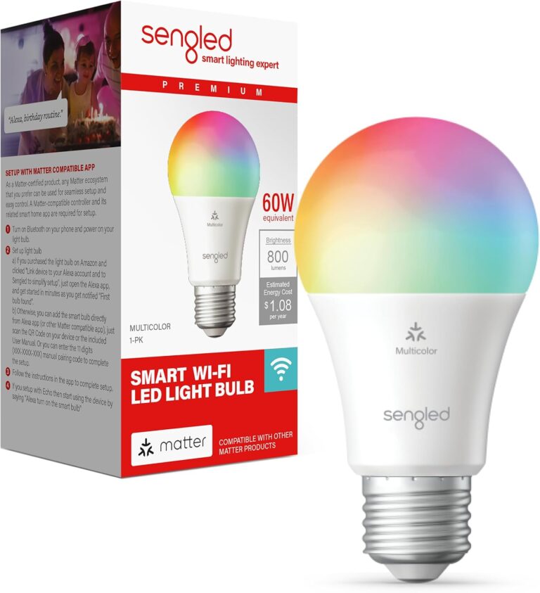 Sengled Matter LED Smart Light Bulb (A19), Multicolor, Compatible with Alexa, 60W Equivalent, 800LM, Instant Pairing, 1-Pack