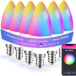 6 Pack E12 Smart Bulbs, Alexa WiFi Candelabra Smart Light Bulbs 5W 2700K-6500K Color Changing Dimmable RGBCW, Music Timer Ceiling Fan Smart B11 Candle Base Small LED Light Bulb, 2.4GHz WiFi