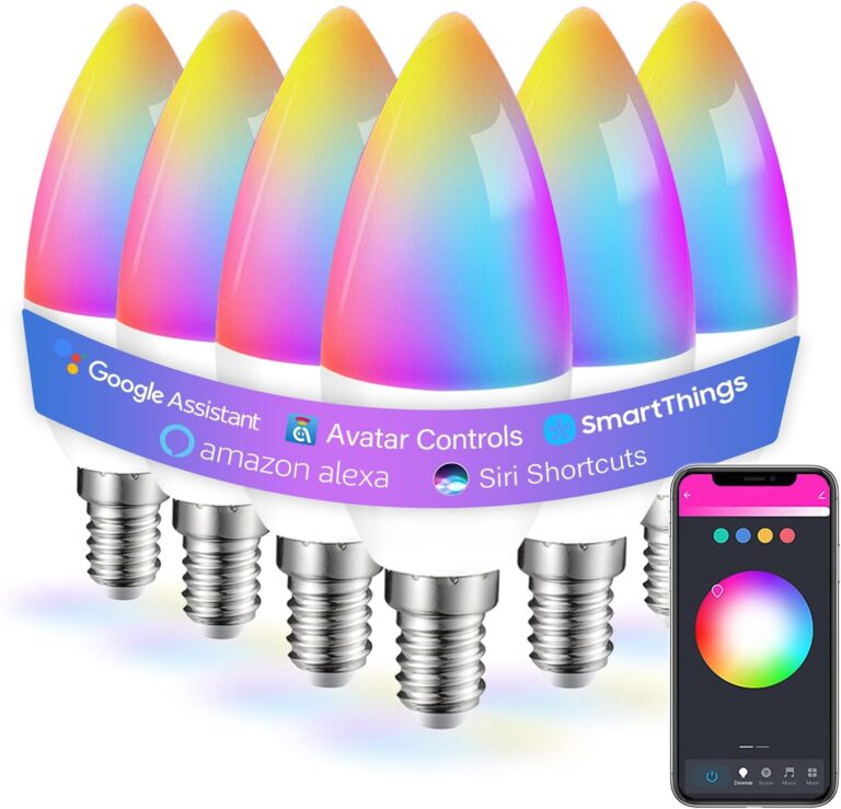 6 Pack E12 Smart Bulbs, Alexa WiFi Candelabra Smart Light Bulbs 5W 2700K-6500K Color Changing Dimmable RGBCW, Music Timer Ceiling Fan Smart B11 Candle Base Small LED Light Bulb, 2.4GHz WiFi