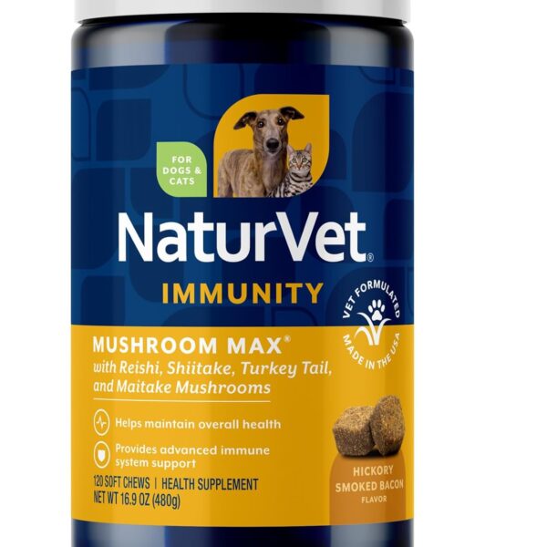 NaturVet Mushroom Max Advanced Immune Support Dog Supplement  Helps Strengthen Immunity, Overall Health for Dogs  Includes Shitake Mushrooms, Reishi, Turkey Tail  120 Ct.