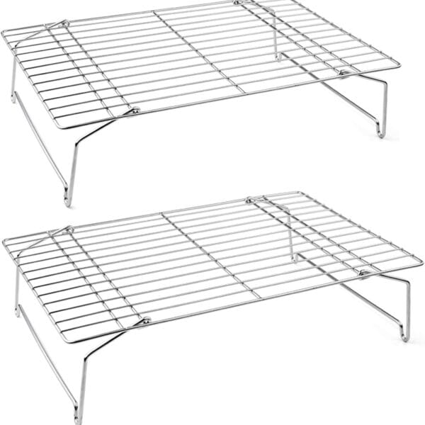 P&P CHEF Cooling Rack Set of 2, 2-Tier Stackable Stainless Steel Wire Racks for Baking Cooking Cooling Roasting, Collapsible & Heavy Duty, Oven Safe & Easy Clean, 15" x 10", Silver