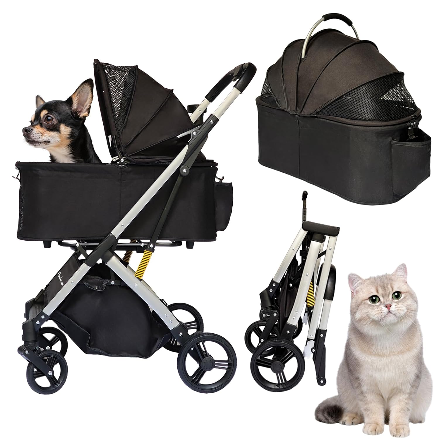 Pet Stroller for Small & Medium Dogs Cats up to 55 lbs 4-in-1 Foldable Travel Pet Stroller with Detachable Carrier Lightweight All-Terrain Spring Damping,Car Seat,Sun Canopy,Black Pet Stroller for Small & Medium Dogs Cats up to 55 lbs 4-in-1 Foldable Travel Pet Stroller with Detachable Carrier Lightweight All-Terrain Spring Damping,Car Seat,Sun Canopy,Black
