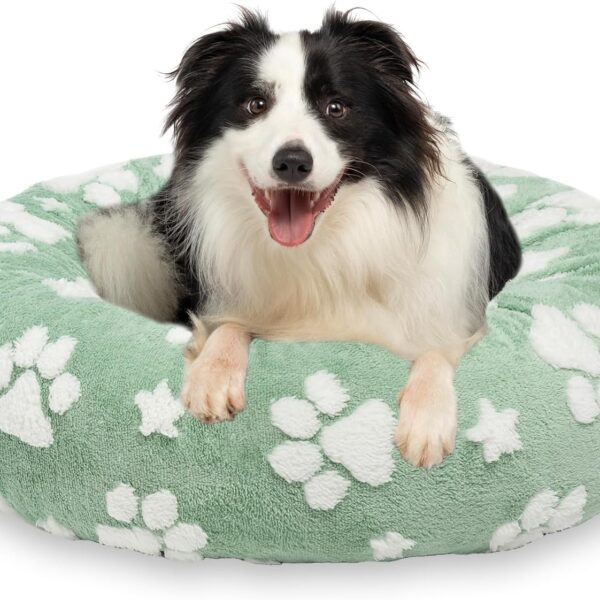 Donut Dog Beds for Medium Dogs, Calming Round Cat Beds for Indoor Cats, Cute 3D Textured Paw Pet Bed with Removable Washable Cover and Anti-Slip BottomGreen30"