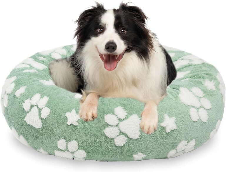 Donut Dog Beds for Medium Dogs, Calming Round Cat Beds for Indoor Cats, Cute 3D Textured Paw Pet Bed with Removable Washable Cover and Anti-Slip BottomGreen30"