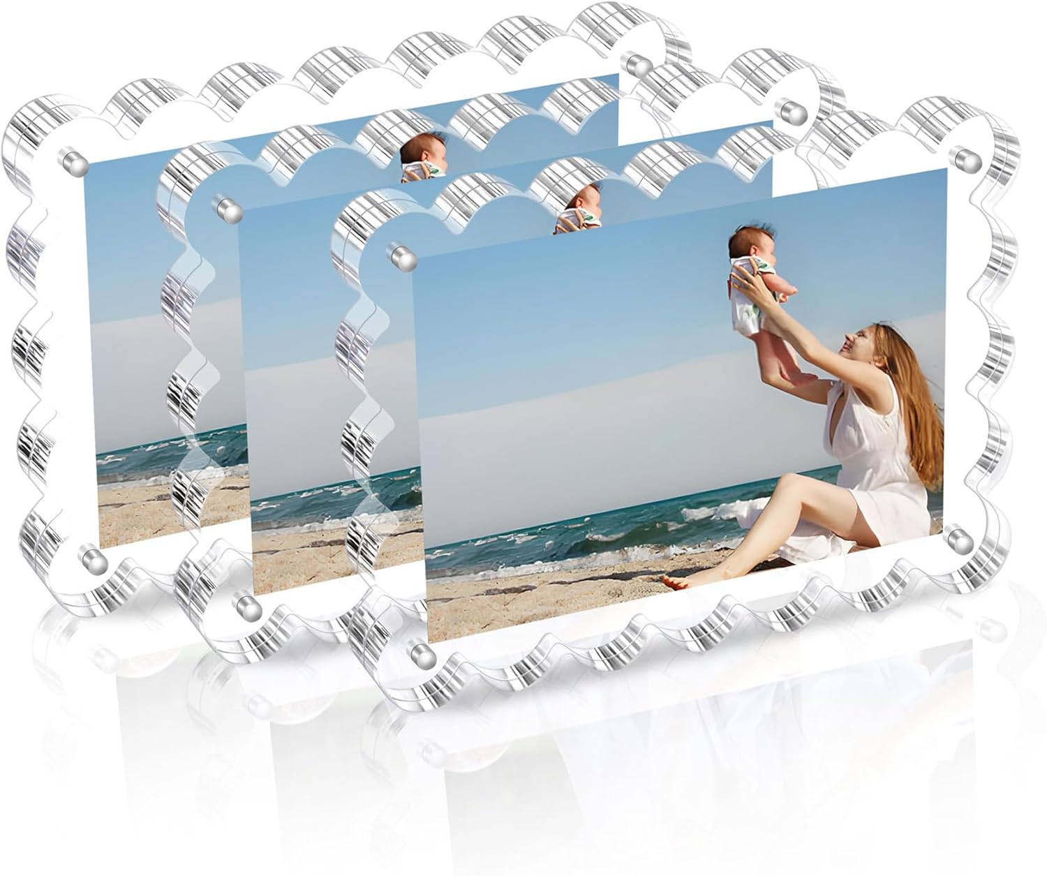 3 Pack Acrylic Picture Frame: 4x6inch Magnetic Picture Frames, Double Sided Magnet Frames,10+10mm Thick Block, Clear Photo Scalloped Frames Freestanding for Desktop Display 3 Pack Acrylic Picture Frame: 4x6inch Magnetic Picture Frames, Double Sided Magnet Frames,10+10mm Thick Block, Clear Photo Scalloped Frames Freestanding for Desktop Display