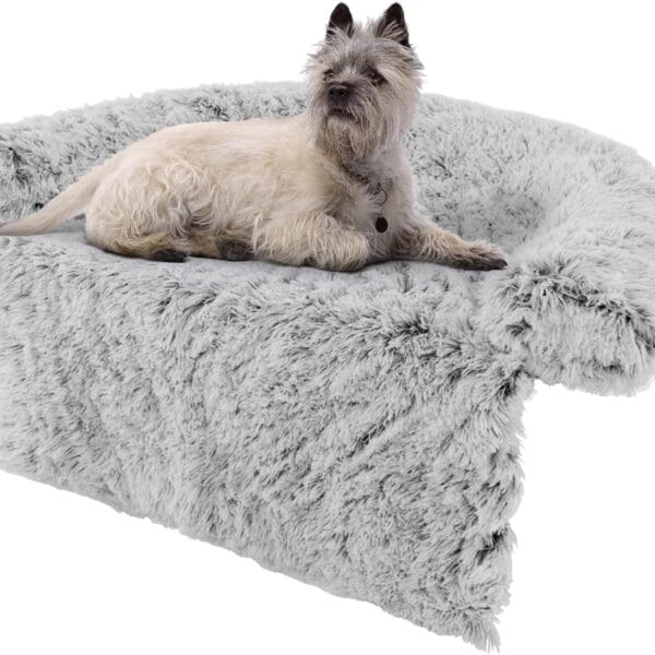 Giantex Calming Dog Bed - Fluffy Plush Pet Bed for Couch, Removable Washable Cover, Soft Neck Bolster, Dog Sofa Bed Furniture Protector Mats for Dogs Cats (Light Gray, Medium - 44'' x 40'' x 7'')
