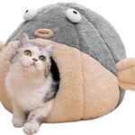 Cat Beds for Indoor Cats - Cat Bed Cave with Removable Washable Cushioned Pillow, Soft Plush Premium Cotton No Deformation Pet Bed, Lively Pufferfish cat House Design, Grey, Multiple Sizes