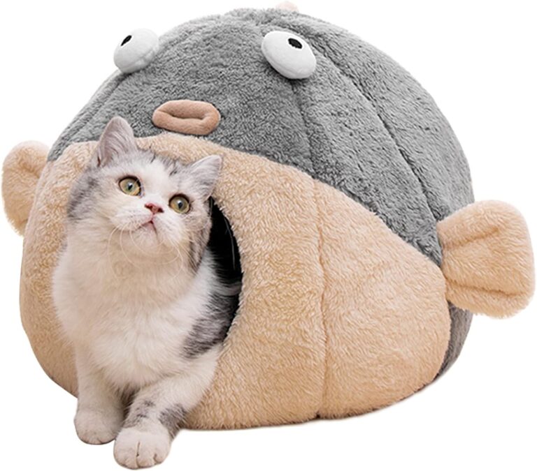 Cat Beds for Indoor Cats - Cat Bed Cave with Removable Washable Cushioned Pillow, Soft Plush Premium Cotton No Deformation Pet Bed, Lively Pufferfish cat House Design, Grey, Multiple Sizes