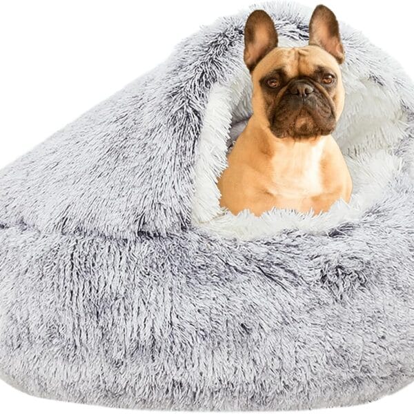 YUDANSI Small Dog Bed Hooded, Cat Cave Bed for Indoor Cats with Covered Hood for Small Dogs Cats Puppy, Plush Faux Fur Enclosed Nest(Gray-26'')