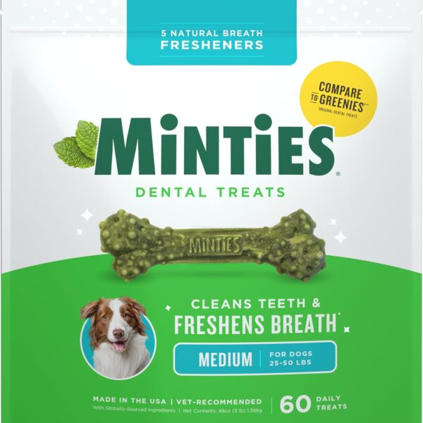 Minties Dental Chews for Dogs, 60 Count, Vet-Recommended Mint-Flavored Dental Dog Treats for Medium Dogs, Bones Clean Teeth, Fight Bad Breath, and Removes Plaque and Tartar